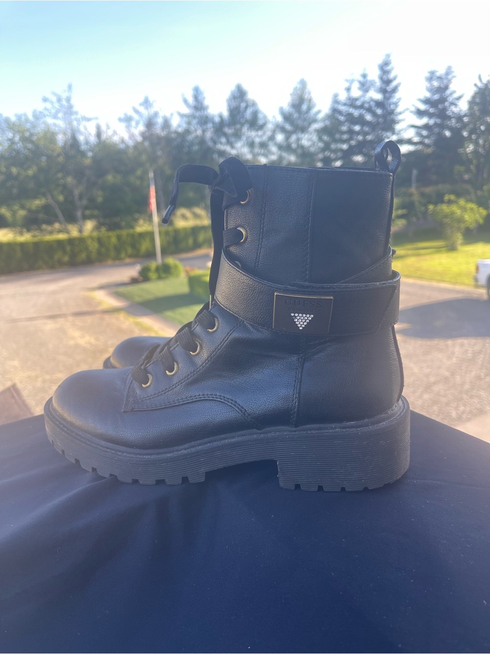 Guess Black  Lace-Up Combat Boots with Logo Strap